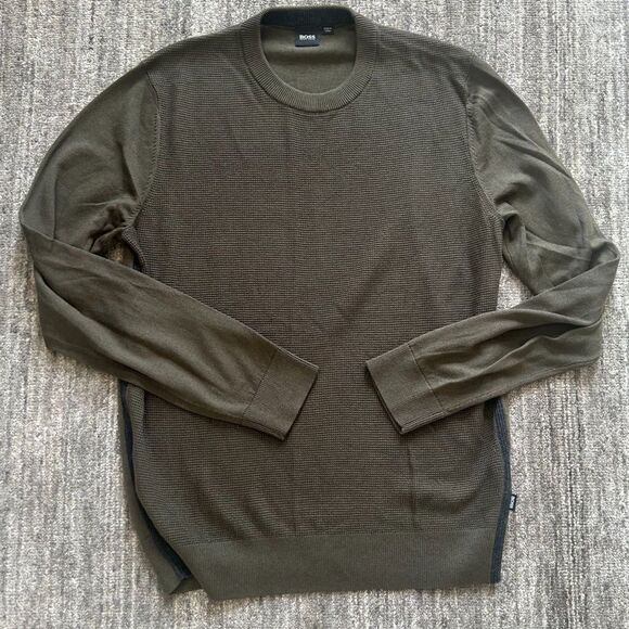 Hugo Boss Olive Green Wool Crew Neck Sweater, Size L, NWOT - Picture 1 of 8